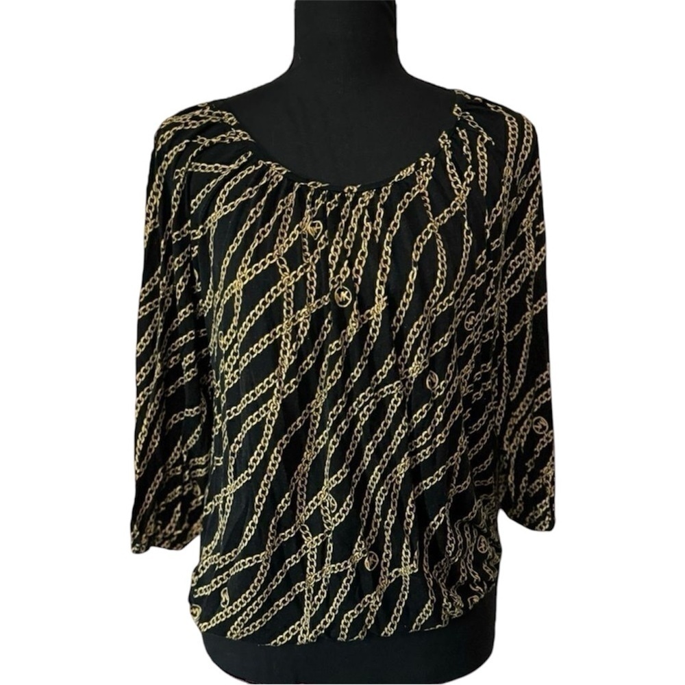 MICHAEL KORS womens black and gold chain logo peasant 3/4 sleeve top